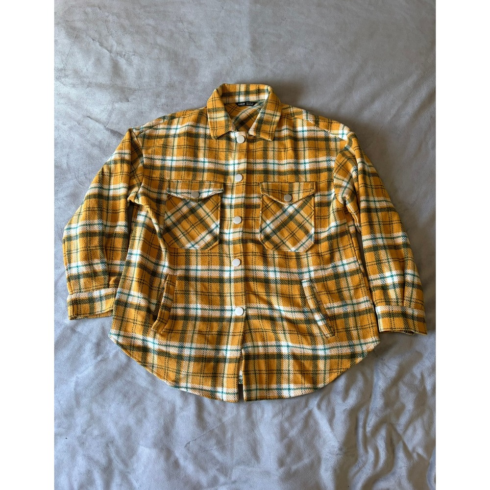 Shein Mustard Yellow Plaid Flannel Shacket Button Up Shirt Jacket‎ Medium
